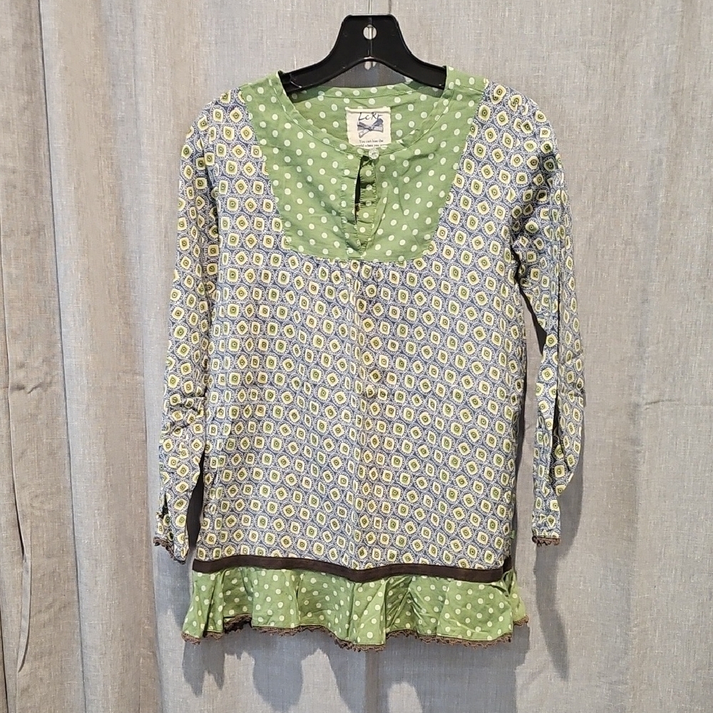 LCKR Green and Blue Patterned Buttoned Peplum Bib Collar Girls Dress